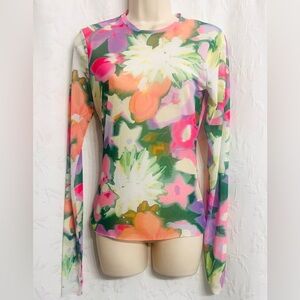 AFRM Kaylee Trendy Vibrant, Fun Multicolor Long Sleeve Fitted Clear Mesh Top XS